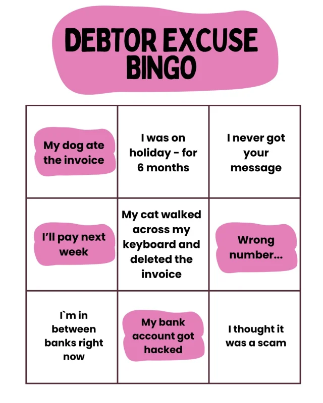 If you’re hearing these excuses… it might be time to escalate...At Pink Door, we’ve truly heard it all from “my dog ate the invoice” to the classic “I’ll pay next week" then hearing that the next week then the next week and you get the idea...We specialise in recovering hard‑to‑collect debt for Australian businesses, so you can stop chasing and get back to what you actually do best.If your inbox is starting to look like “Debtor Excuse Bingo,” we’re here to help. Let’s get you paid.📞 02 4803 9022
📧 collections@pinkdoor.com.au
🔗 https://pinkdoor.com.au/#DebtRecovery #SmallBusinessAU #CashflowMatters #PinkDoor #BusinessSupport