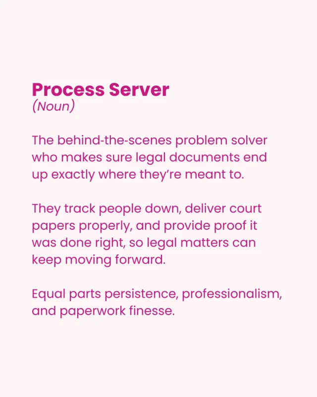 Process servers are the behind‑the‑scenes problem solvers of the legal world.They make sure court documents get to the right person, the right way, and on time so cases can move forward without unnecessary delays.Every document represents a moment that matters to someone and the Pink Door team are here to support you.