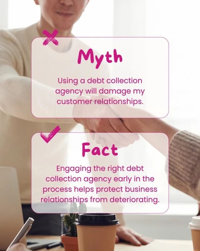 We often hear businesses say they're avoided chasing debts because they don't want to ruin their customer relationships. ​

The reality is, early debt collection actually preserves relationships. ​

When you engage a debt collection agency early, you avoid the debt becoming a bigger issue. A professional conversation between us and your customer saves you from awkward conversations while ensuring you get paid before things need to escalate. ​

Putting off hard conversations doesn't save relationships – it actually frays them. ​